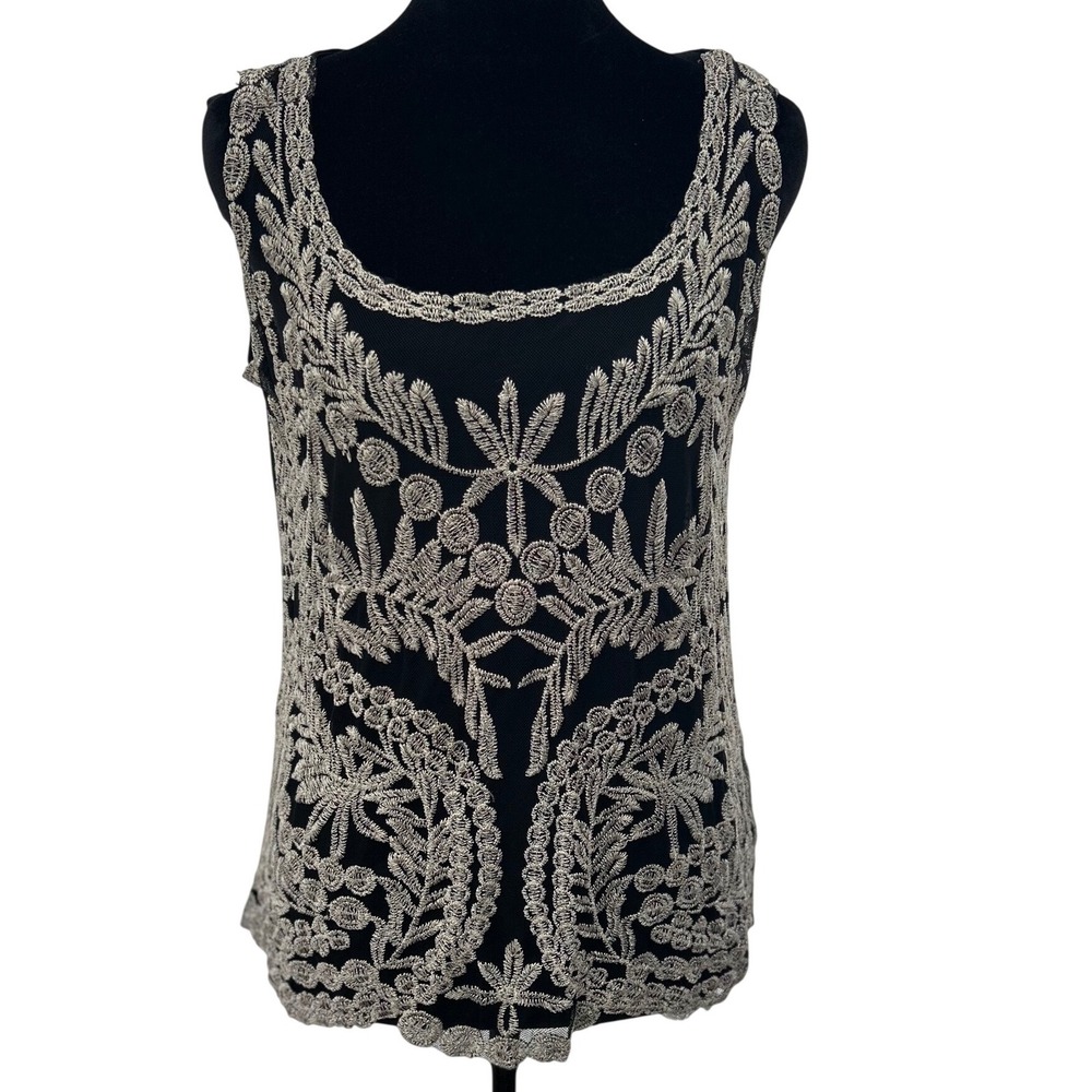 Mujer Moderna Black Silver Metallic Embroidered Mesh Sleeveless Top Large
